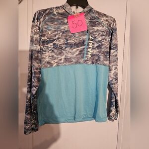 Habit Fishing Shirt Mens Medium Blue And Gray Long Sleeves Zip Pocket Hoodie